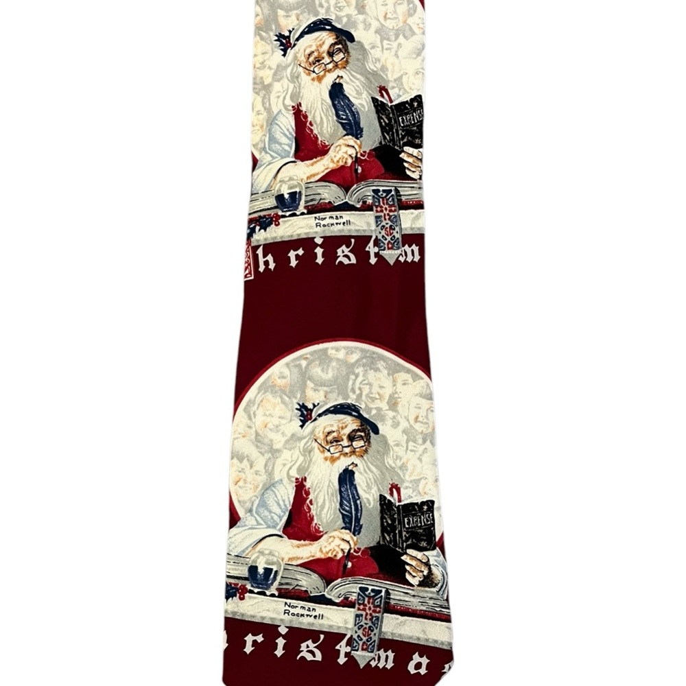 Vintage 1993 Norman Rockwell Van Heusen Christmas Santa Silk Tie Red Burgundy